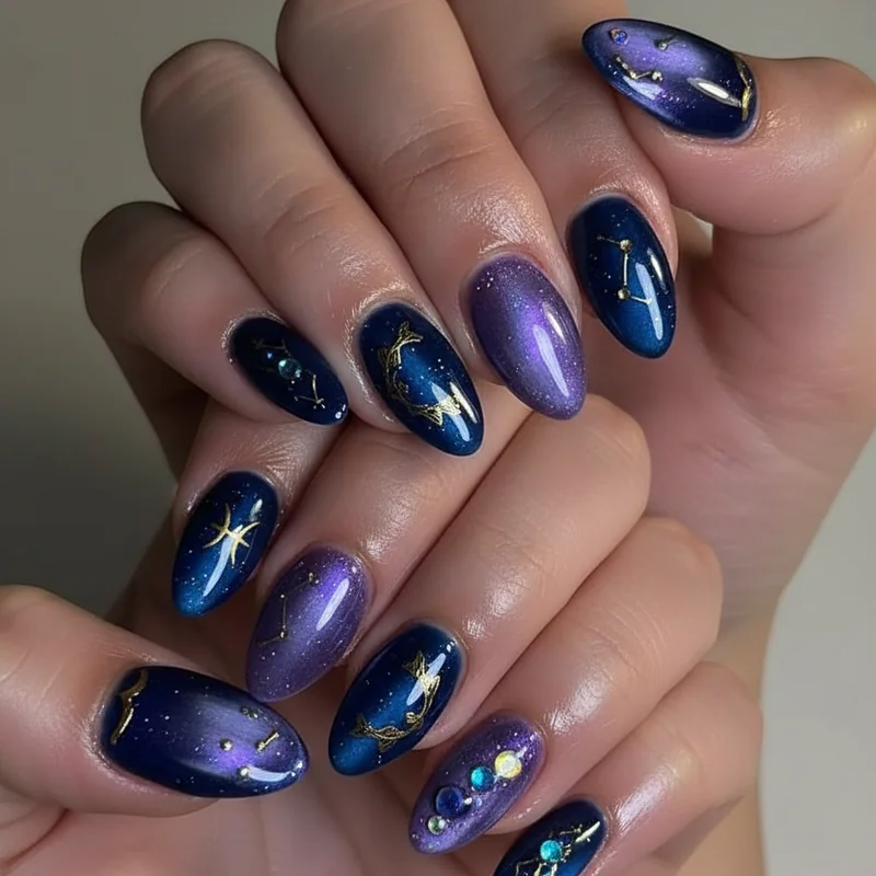 Moody Pisces nails in midnight cobalt and cosmic purple with deep navy oyster effect and shimmer cat eye dark water sign