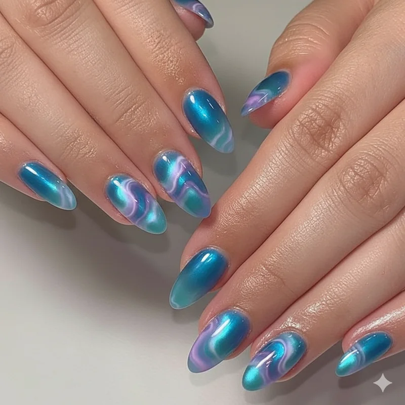 Neptune-ruled fluid jelly finish with iridescent aqua to lilac colour shift on oval almond shape for dreamy Pisces nails