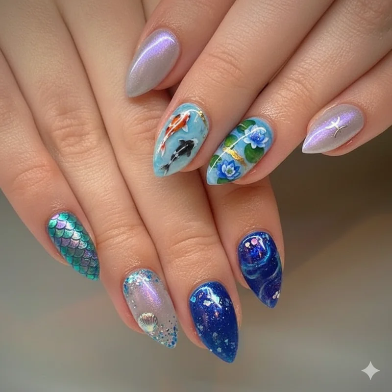 Pisces season nail collection showing mermaidcore iridescent koi fish jelly pastel moody deep ocean and all everyday nails