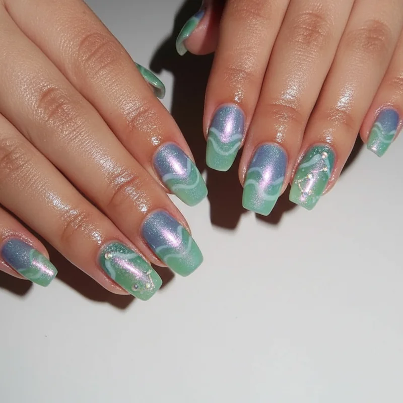 Short squoval oval Pisces nails with aurora chrome and jelly seafoam finish on natural nail length for everyday water sign