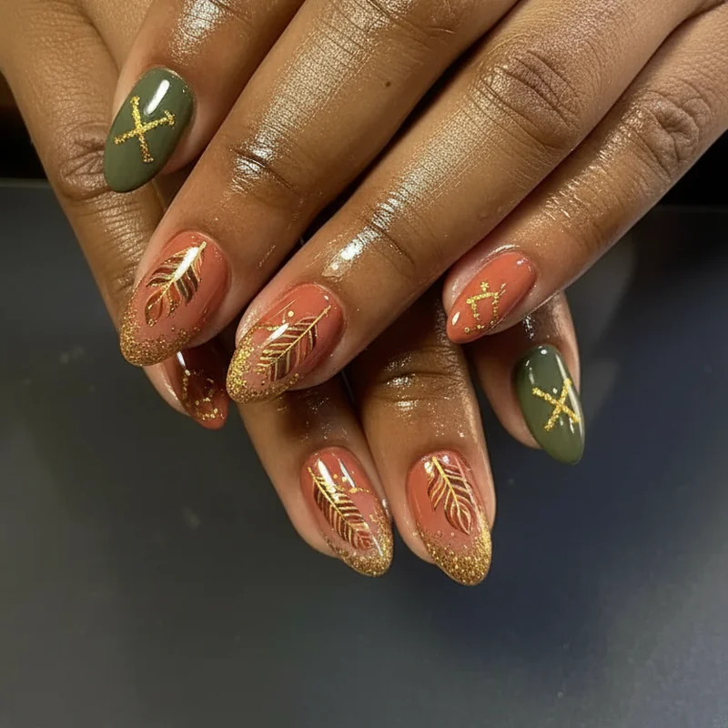 Bohemian Sagittarius nails in terracotta and gold with hand painted feather motif on warm sand base for wanderlust inspired November birthday manicure
