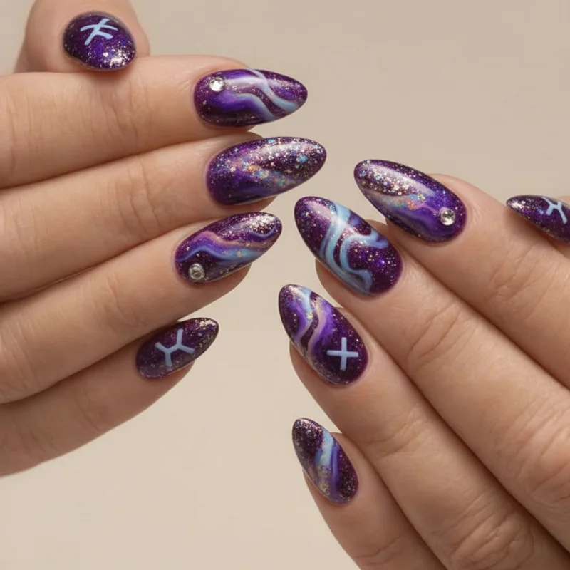 Sagittarius fire sign nail comparison showing adventurous deep purple aura gradient and cosmic design that differs from bold Aries and glamorous Leo aesthetics