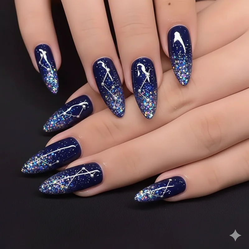 Galaxy constellation Sagittarius nails on deep navy base with holographic glitter Sagittarius star motif and purple cosmic gradient accent nail