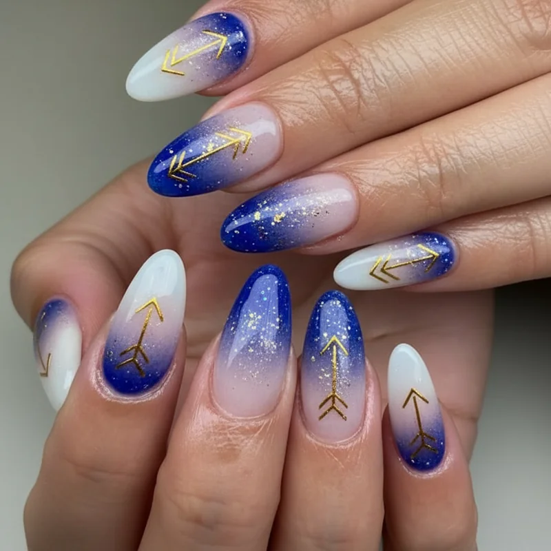 Short Sagittarius nails showing negative space arrow design and soft aura gradient technique on natural nail length with cobalt and purple tones