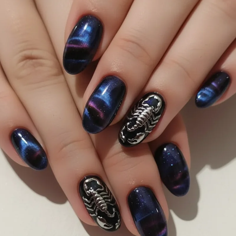 Dark drama Scorpio nails featuring cat eye magnetic polish in deep wine with chrome scorpion accent on coffin shaped extension
