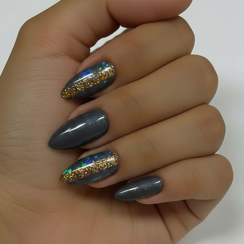 Scorpio birthday nails showing October opal shimmer on charcoal base alongside November topaz gold accent designs for comparison