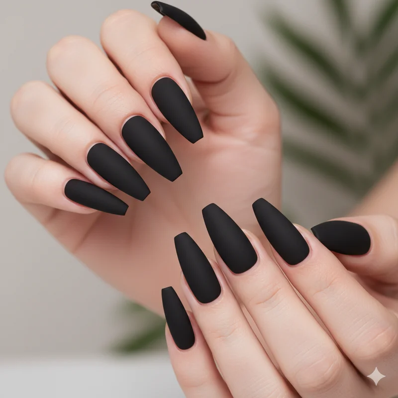Scorpio coded matte black coffin nails showing clean intentional finish with no embellishment demonstrating quiet menace aesthetic