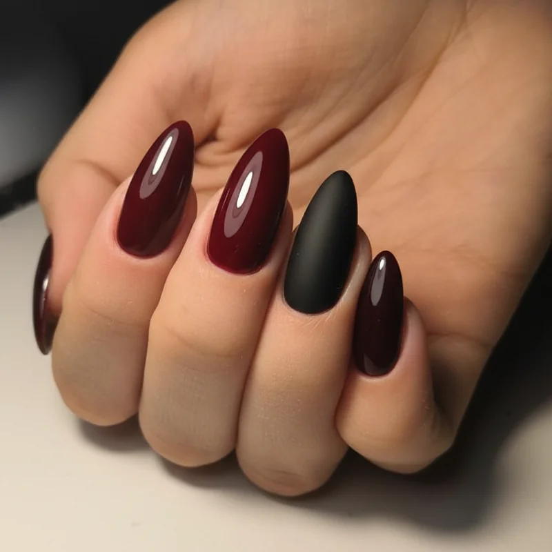 Scorpio nail palette showing oxblood burgundy matte black and deep plum colour swatches across fair medium and deep skin tones