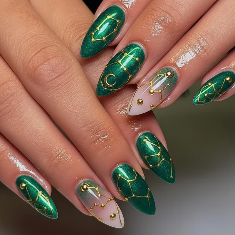 Luxe glam Taurus nails featuring glazed emerald almond shape with antique gold micro detail and Venus energy aura blending technique