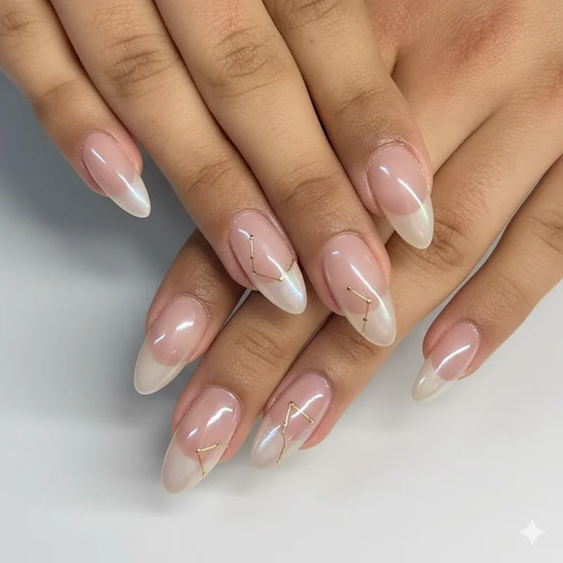 Minimalist Taurus nails featuring quiet luxury nude taupe squoval glazed finish with negative space design and single gold accent