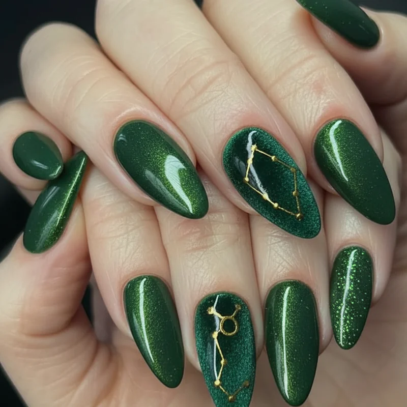 Taurus birthday nails featuring gold Taurus constellation accent on velvet chocolate base with glazed emerald as intentional birthday set