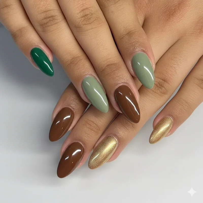Taurus nail colour palette swatches showing emerald sage chocolate brown blush and antique gold across five earth tone directions