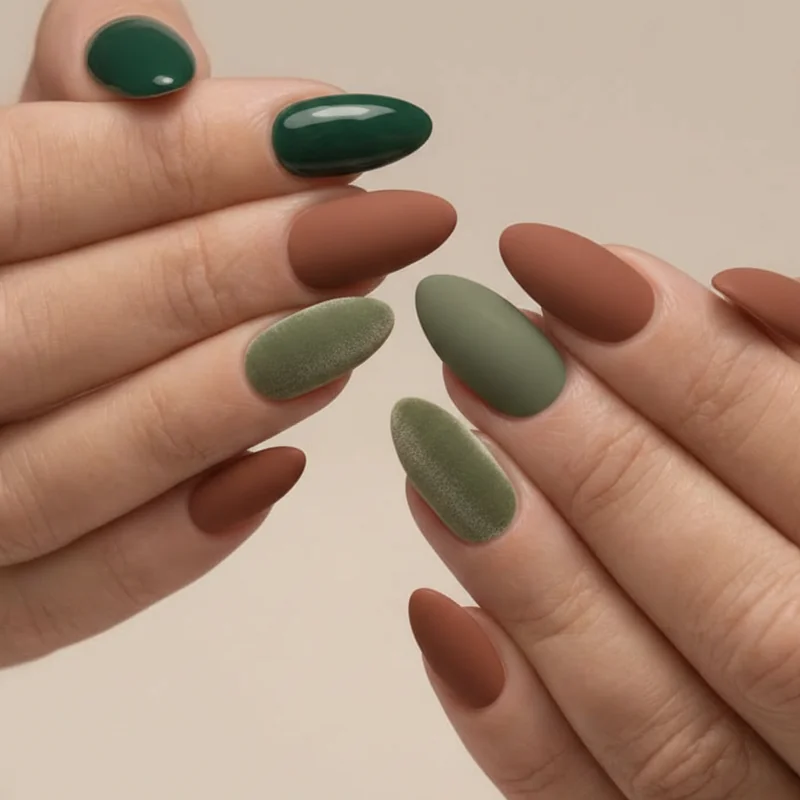 Taurus nail finish comparison showing glazed velvet chrome and matte options across emerald sage and nude earth tone palettes