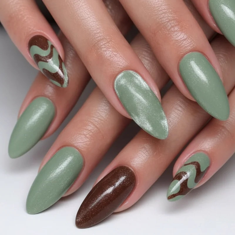 Taurus nails year round wearability featuring sage and chocolate velvet glazed palette demonstrating seasonal versatility across autumn spring