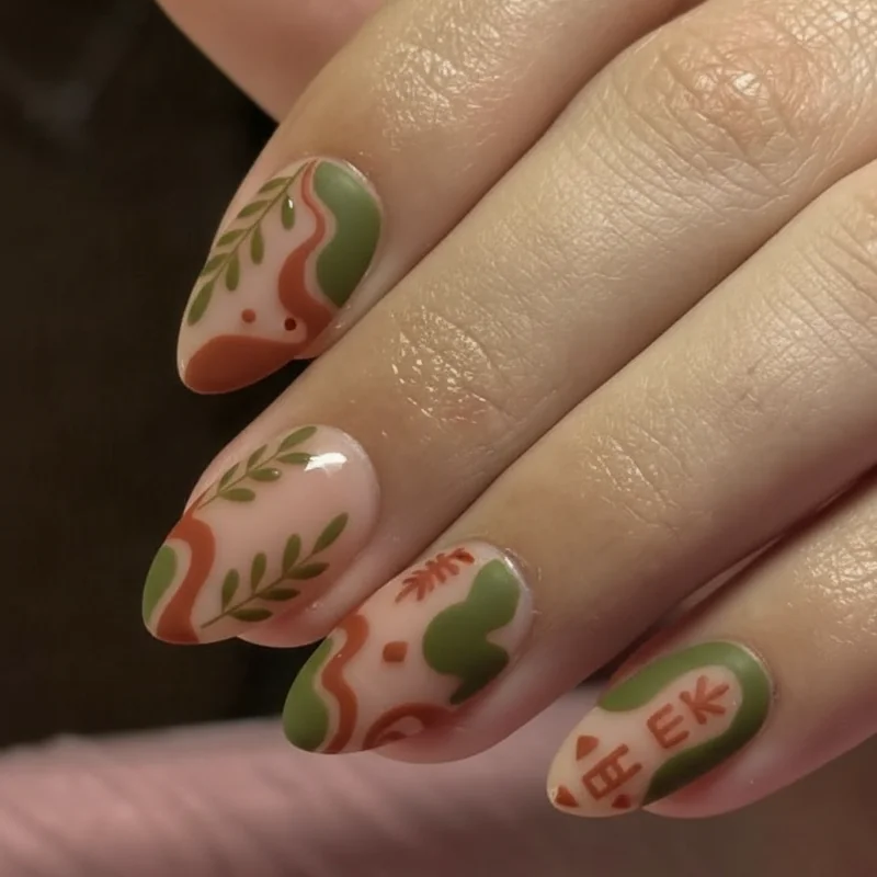 Earthy Virgo nails featuring botanical leaf silhouettes in olive and terracotta on a matte finish for August to September harvest season aesthetic
