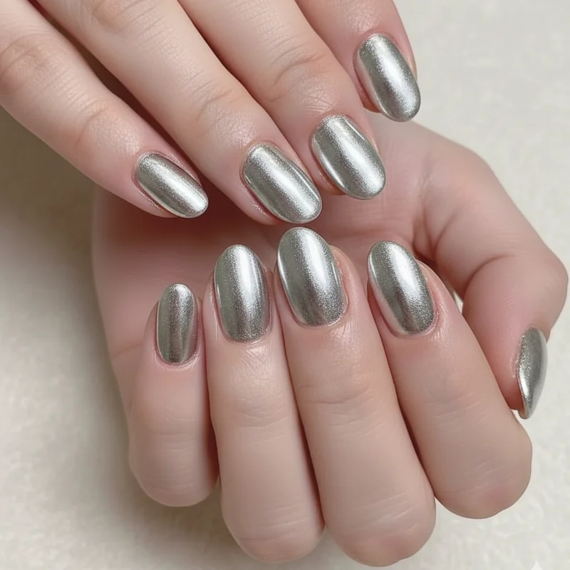 Mercury-inspired Virgo nail art featuring liquid silver chrome finish over cool nude base with pearlescent light-shifting quality for ruling planet aesthetic