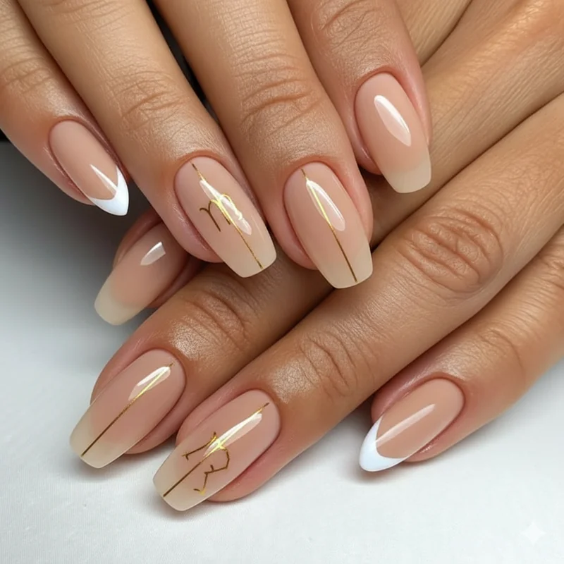 Minimalist Virgo nails with negative space design and single fine gold accent line on squoval shaped nails with sheer nude base