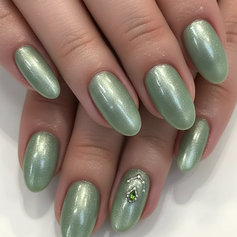 Virgo birthday nails with sage green pearlescent base and peridot accent nail detail for an elevated and understated birthday season manicure