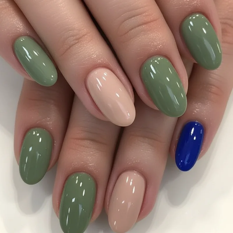 Virgo nail colour palette showing sage green, olive, warm nude, peridot yellow-green and sapphire blue swatch options for Virgo season