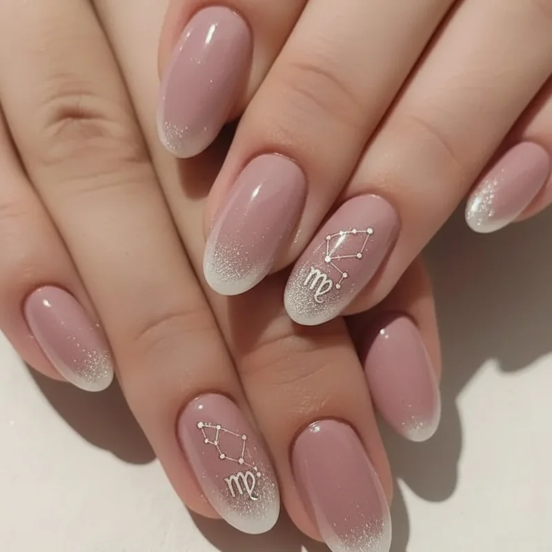 Virgo constellation and glyph nail art with fine line dot work on nude base showing subtle zodiac accent nail design for minimalist expression
