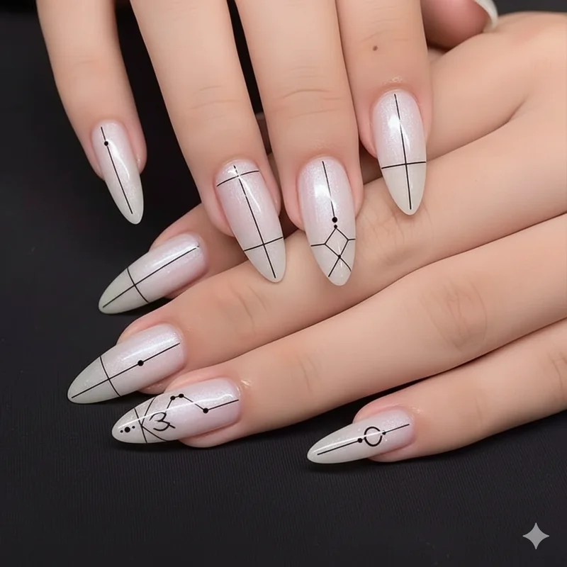 Virgo nail art showing Mercury-influenced fine line precision work with negative space on a clean nude base for a refined aesthetic