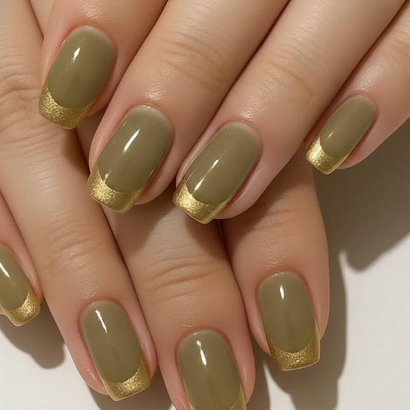 Virgo nails for short natural length nails showing squoval shape with sheer olive polish and fine gold French tip variation for practical elegance