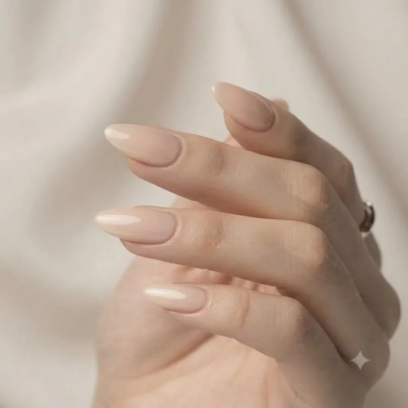 Sheer milky pink bridal nail color glowing in ring shot light
