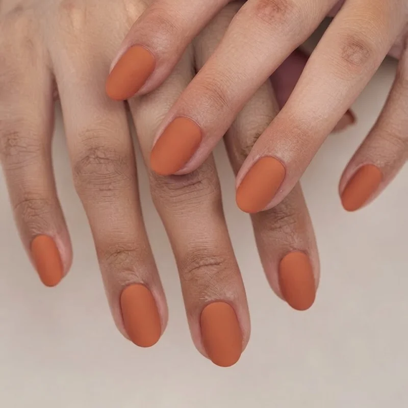 Warm solid terracotta Thanksgiving manicure, an easy seasonal nail idea