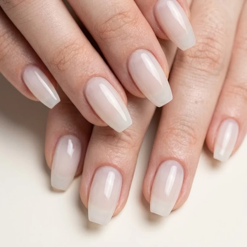 Glossy luminous Korean glass nail set with a lit-from-within finish