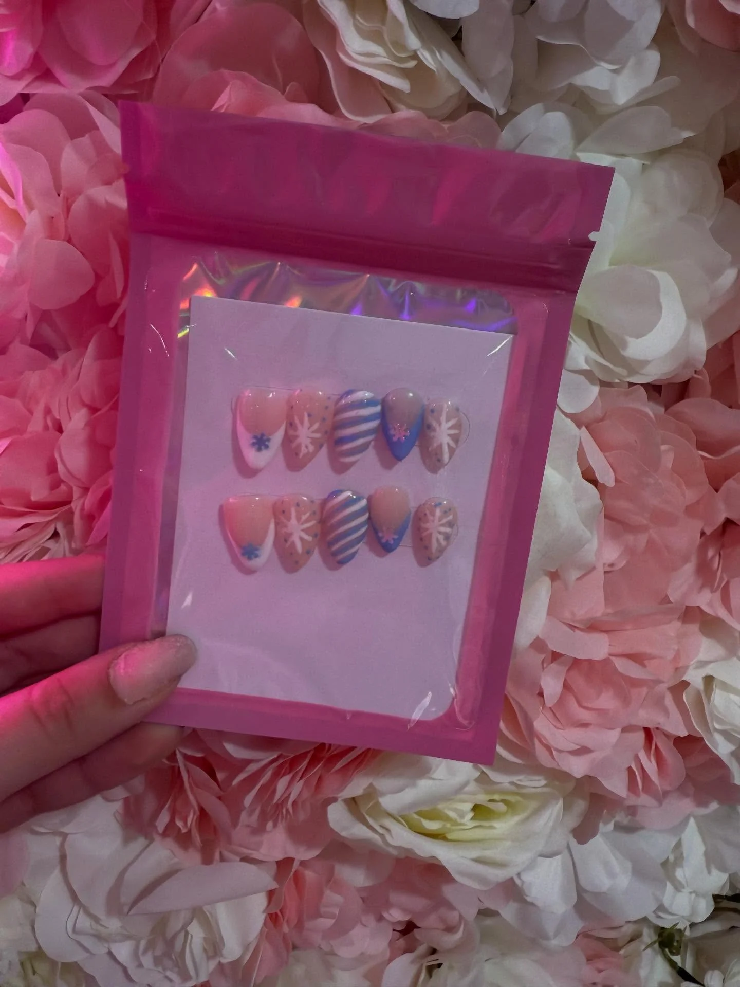 Peyton Combs handmade press on nail set pink holographic packaging custom nail art small business Shelby Township Michigan