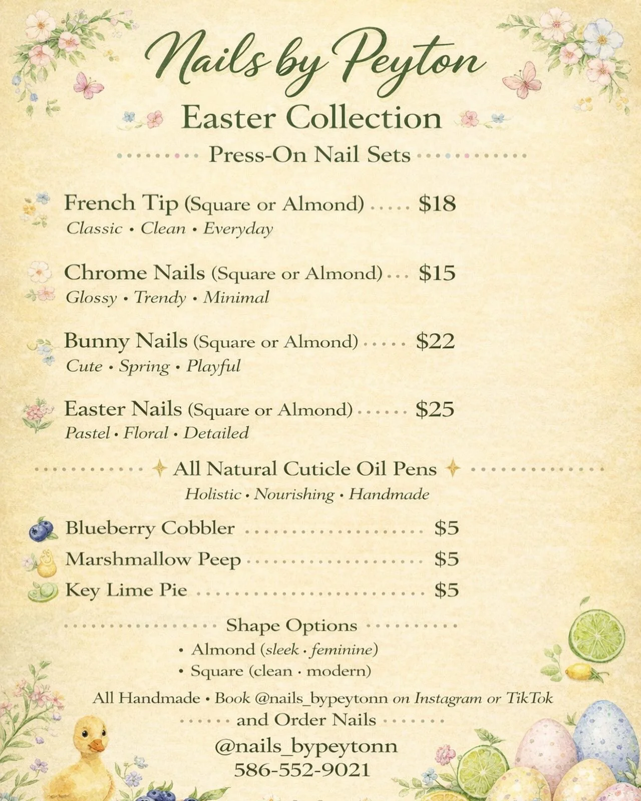 Nails by Peyton Easter collection menu press on nail sets and natural cuticle oil pens Shelby Township Michigan small business