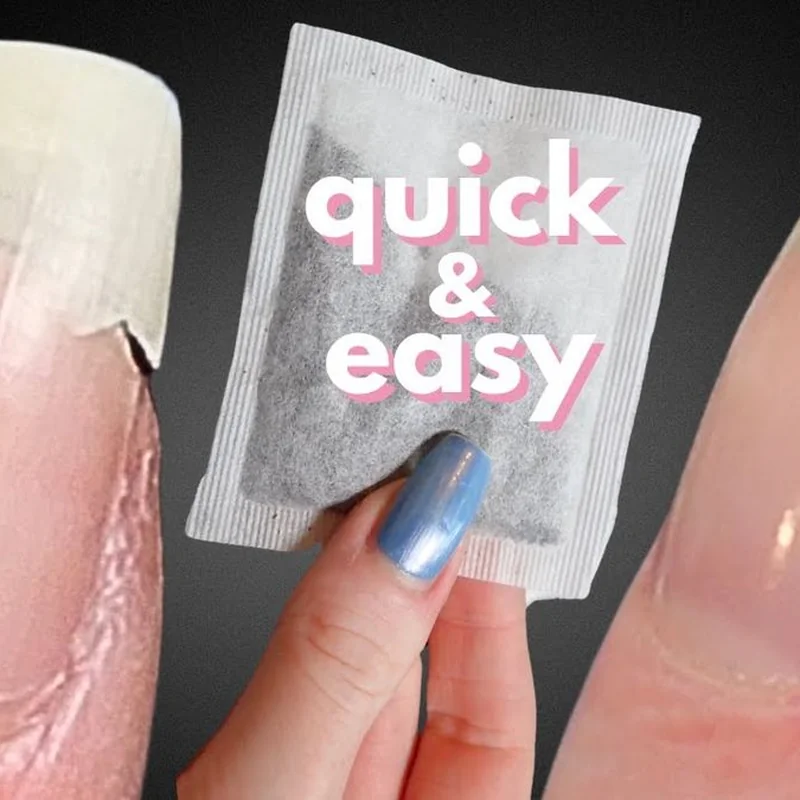 Emergency nail fix showing chip repair and tea bag reinforcement technique for broken nail hacks