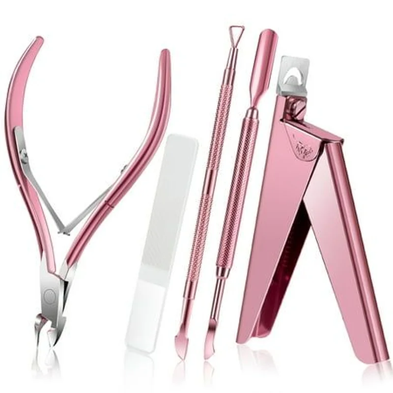 Essential nail care tools including glass file wooden cuticle pusher and quality clippers