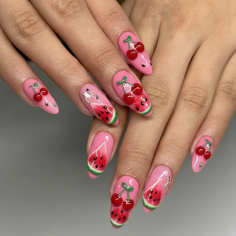 3D fruit nail art summer 2026 editorial set with watermelon and cherry details on glossy jelly base vibrant seasonal statement manicure