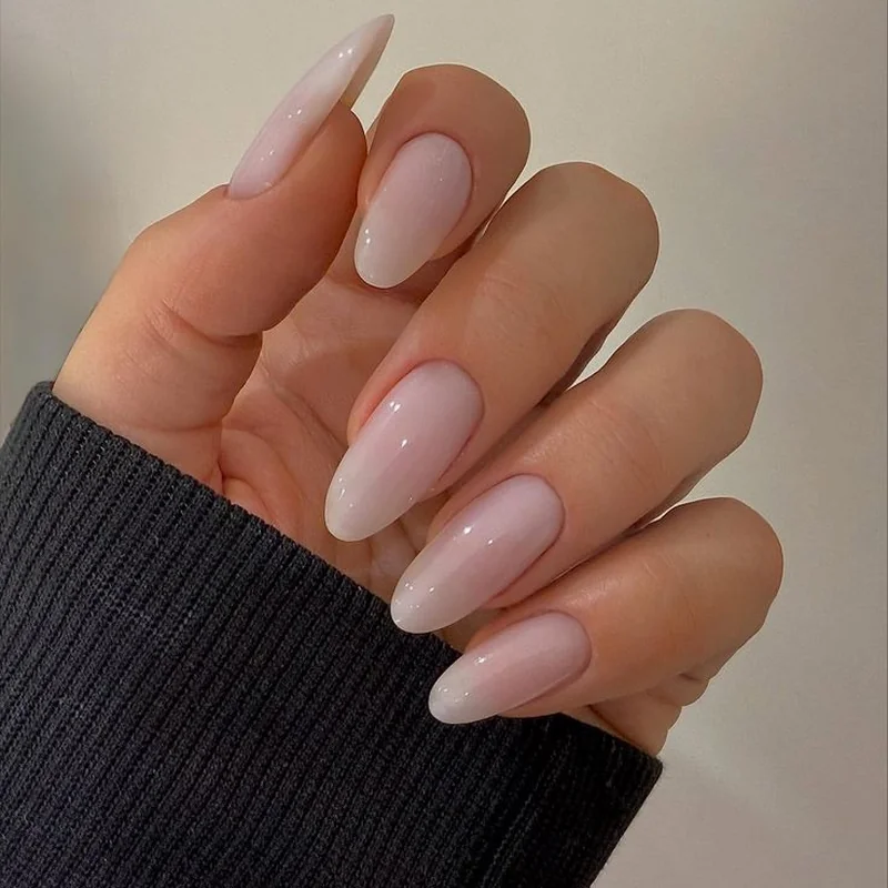 Soap nails with milky finish Hailey Bieber style beginner version simple glossy translucent manicure