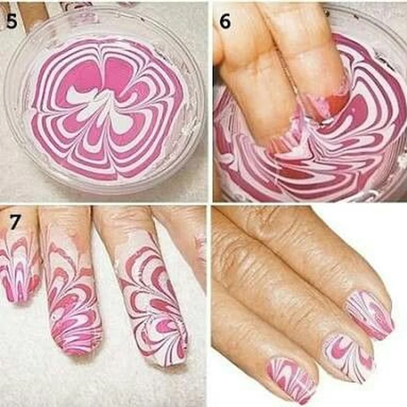 Water marble nail technique showing swirl pattern creation tutorial for DIY unique designs at home