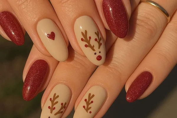 Winter 2025 trending deer print nails with velvet burgundy finish and chocolate brown accents for cozy aesthetic look