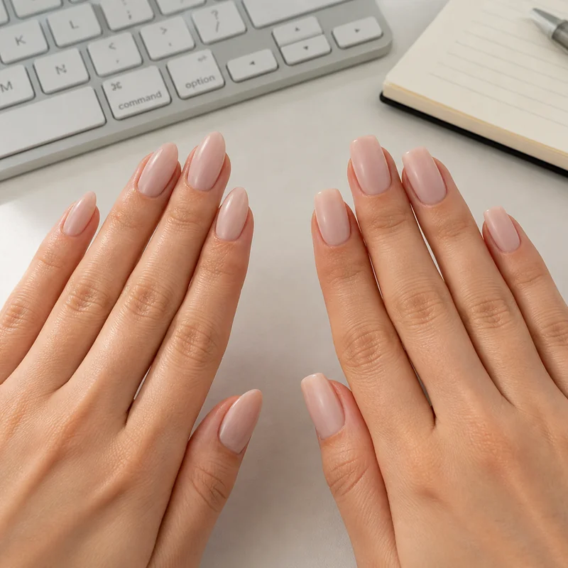 Almond nail shape silhouette compared to square shape on professional hand showing tapered sidewall difference for office suitability assessment