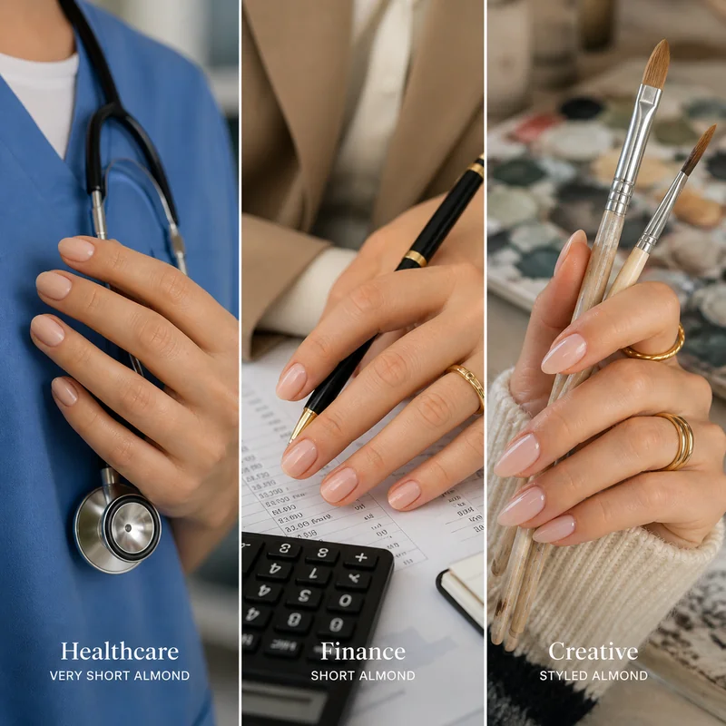 Industry nail guide showing almond shape suitability across healthcare finance and creative sectors with length and colour recommendations per profession