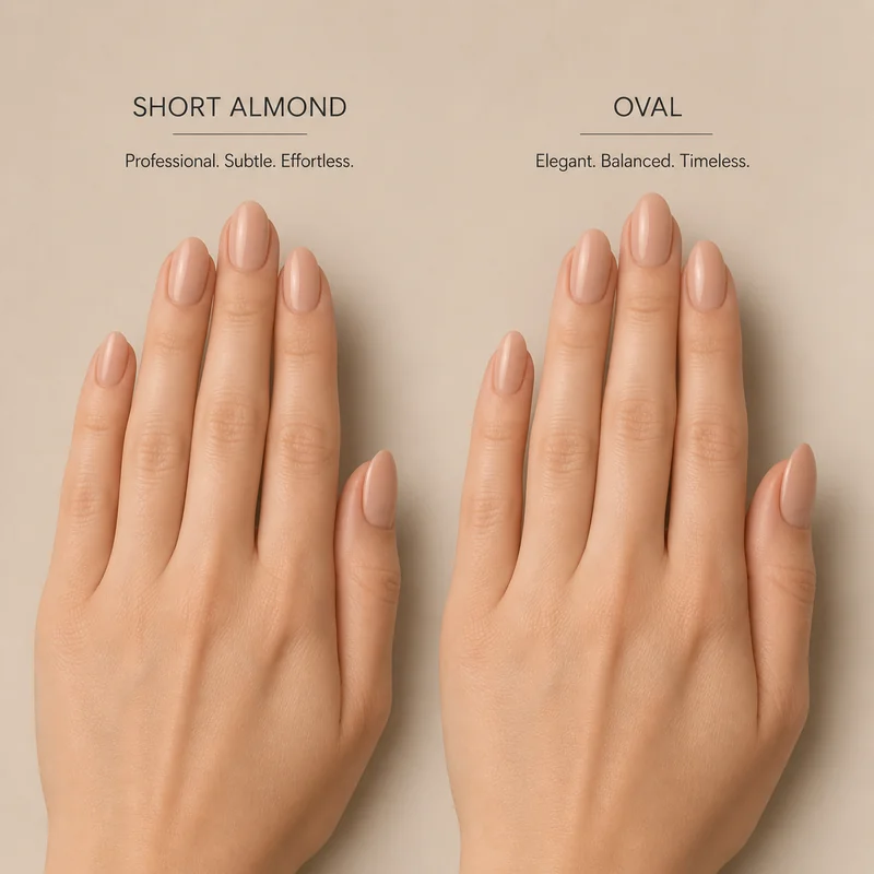 Short almond versus oval nail shape side by side comparison on professional hands showing silhouette difference for office appropriate wear in corporate settings
