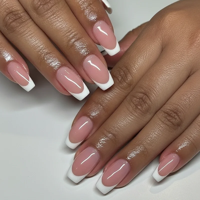 Classic French manicure on short nails as the universally safe choice for job interviews and first days at a new office role