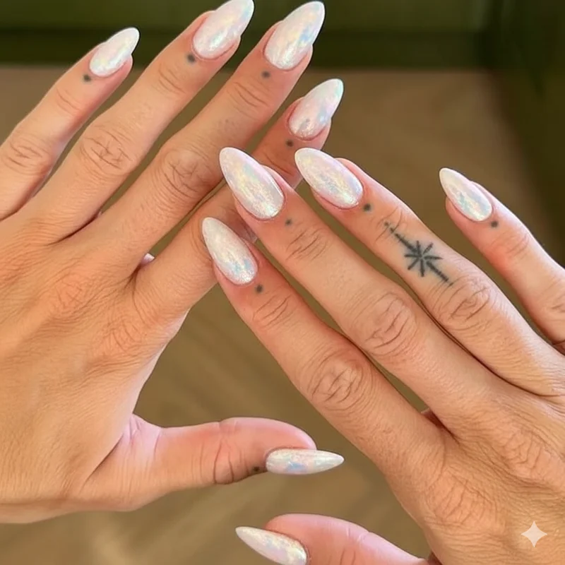 Pearl chrome and soft opal finish on neutral base showing office-appropriate dimensional shimmer for corporate girl nails 2026