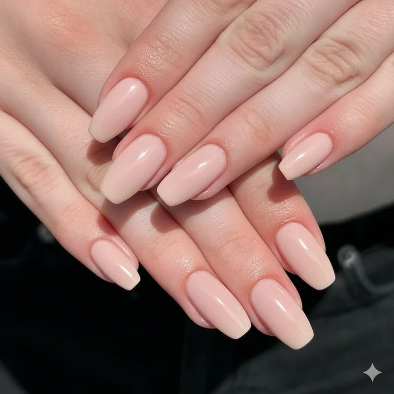 Squoval and short almond nail shape comparison showing corporate girl polished groomed aesthetic on medium length professional nails