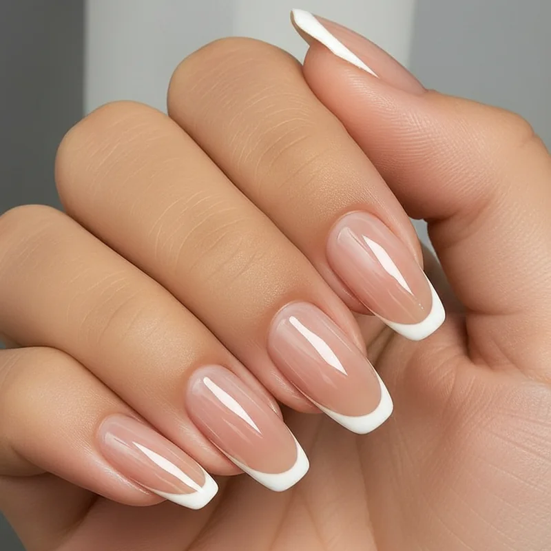 Classic white French tip with wide smile line compared to modern 2026 micro French showing which reads as current in a professional setting