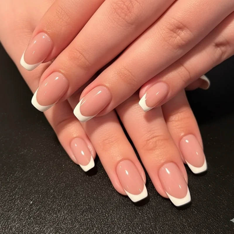French tip nail base shade guide showing sheer pink for fair skin warm nude for olive skin caramel for medium and peach ivory for deep skin tones at work