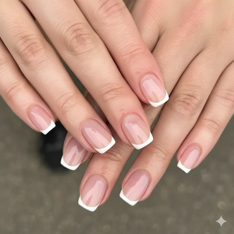 Micro French tip on short squoval nails showing how a thin smile line works on practical office nail length for healthcare typing and professional women