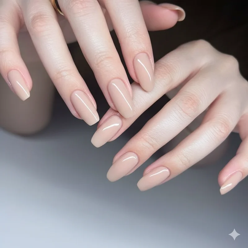 Conservative office acrylic nails short square neutral finish showing polished corporate professional look law finance