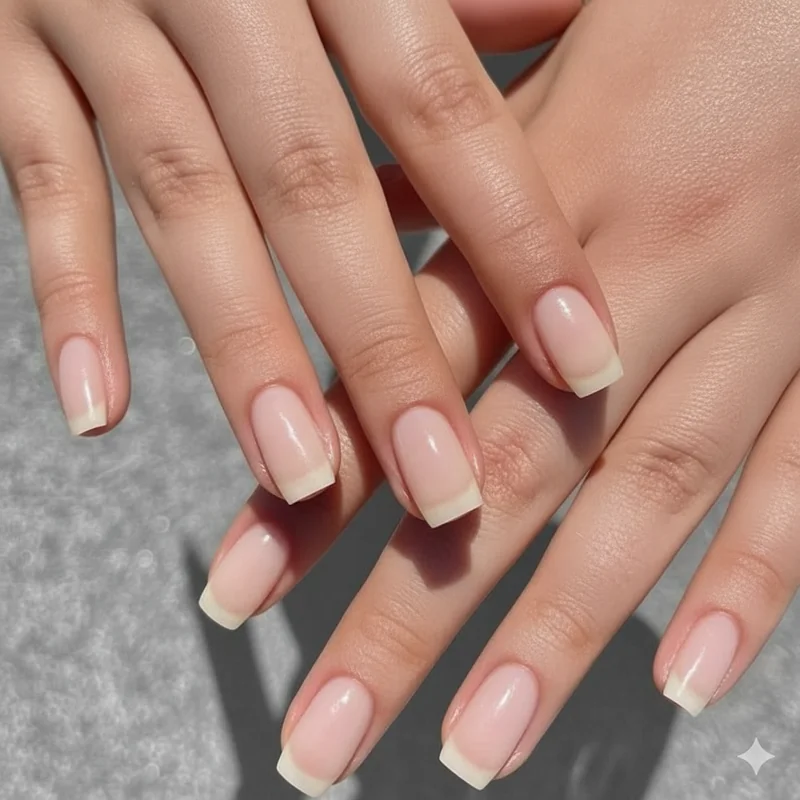 Gel overlay nails in natural short square shape on professional hand resting on office keyboard showing clean minimal finish