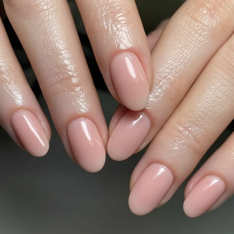 Oval nails in professional setting showing elegant tapered shape at short to medium length with nude polish for office appropriate corporate wear
