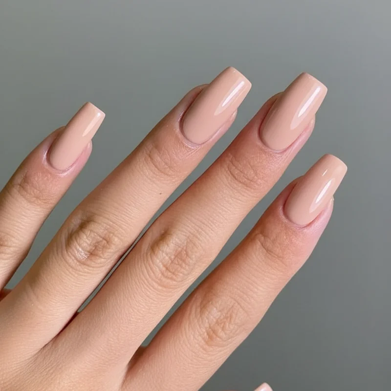 Squoval nail shape close up showing straight sides and gently rounded corners on professional manicure with neutral polish for office wear